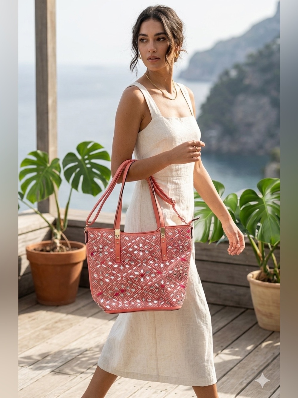 Elegant Peach Rhinestone Studded Tote Bag adjustable shoulder straps/w Feet GUC